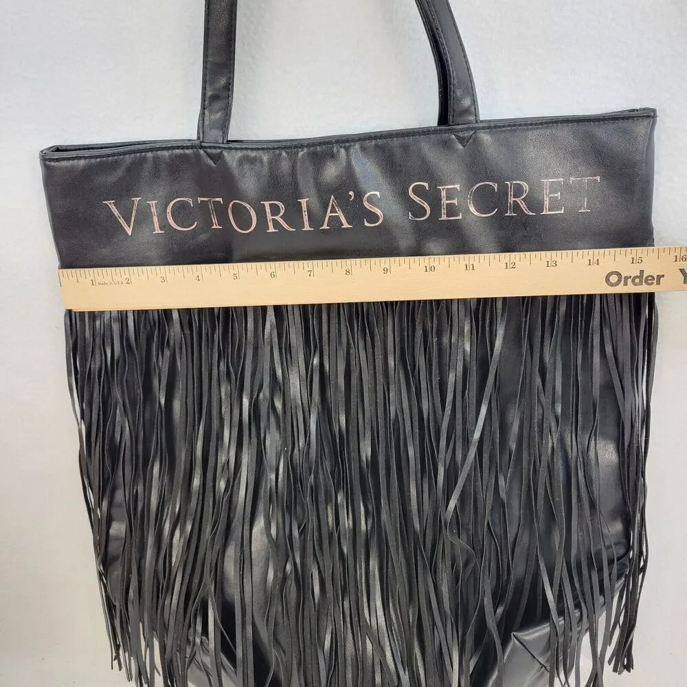Victorias Secret Womens Black Faux Leather Flirty Fringe Tote Shoulder Bag